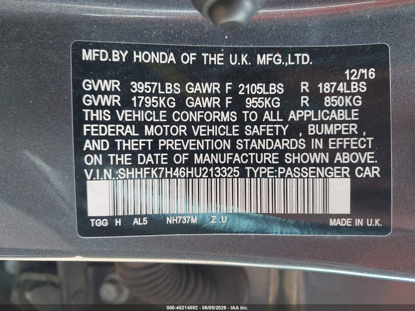 2017 Honda Civic VIN SHHFK7H46HU213325 IAAI salvage auction — HAIL, Salvage Title, sold $6,100 on 2026-07-20 (photo 9)