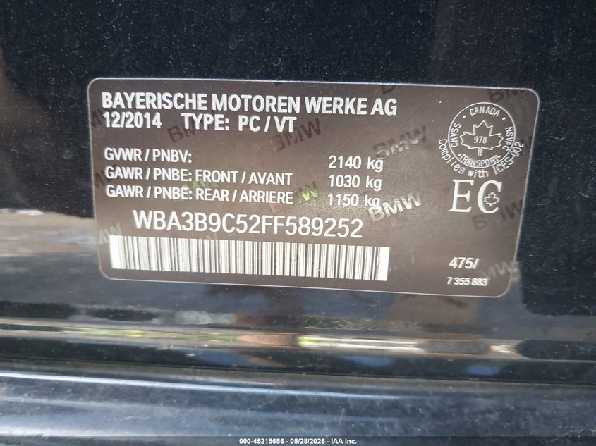 2015 BMW 3er VIN WBA3B9C52FF589252 IAAI salvage auction — FRONT END, Salvage - Greater Than 75% (Maryland), sold $2,250 on 2026-07-30 (photo 9)