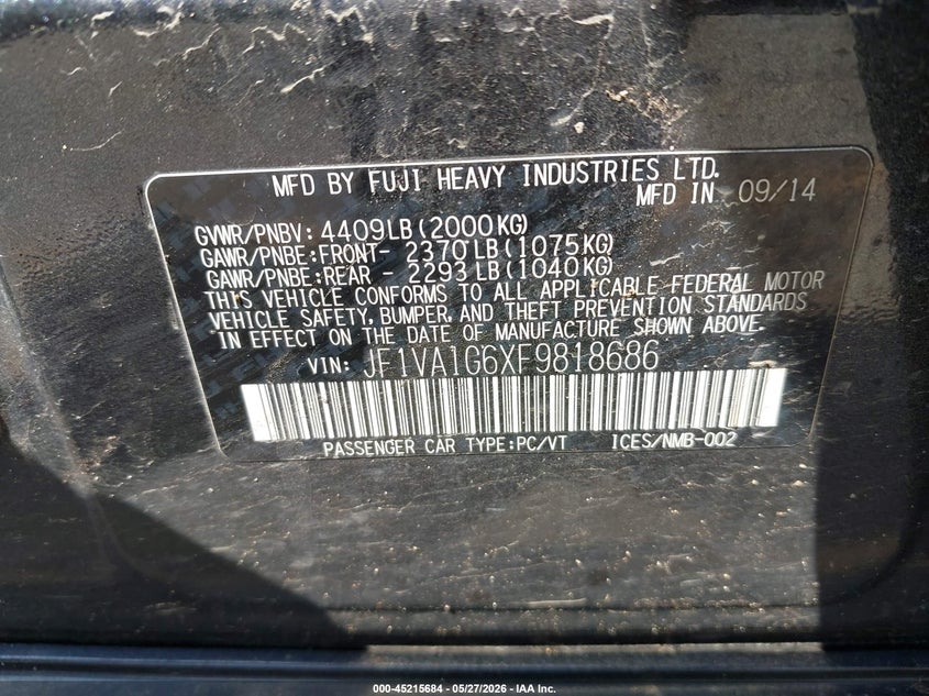2015 Subaru Wrx VIN JF1VA1G6XF9818686 IAAI salvage auction — FRONT END, Salvage Title, sold $725 on 2026-07-20 (photo 9)