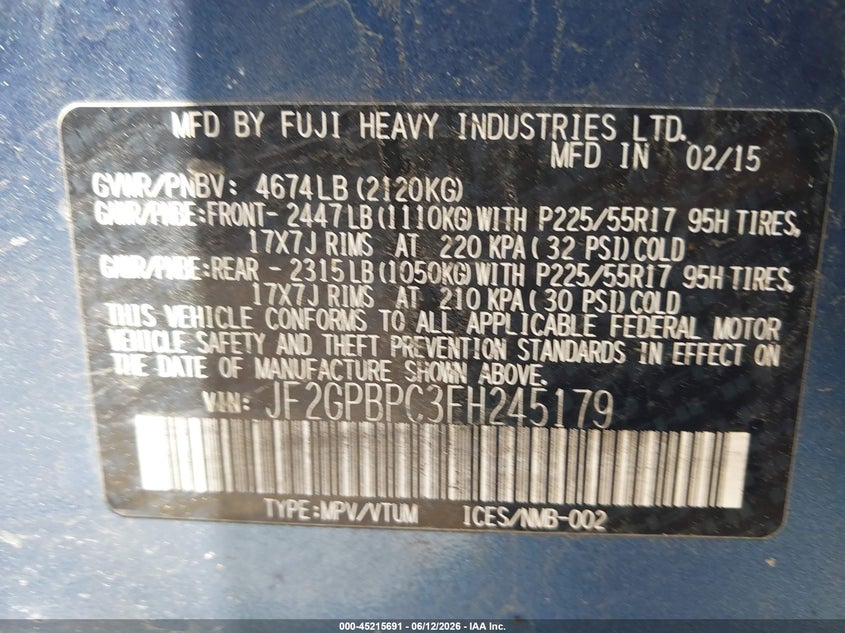 2015 Subaru Xv VIN JF2GPBPC3FH245179 IAAI salvage auction — NORMAL WEAR, Clear (Massachusetts), sold $1,600 on 2026-07-17 (photo 9)