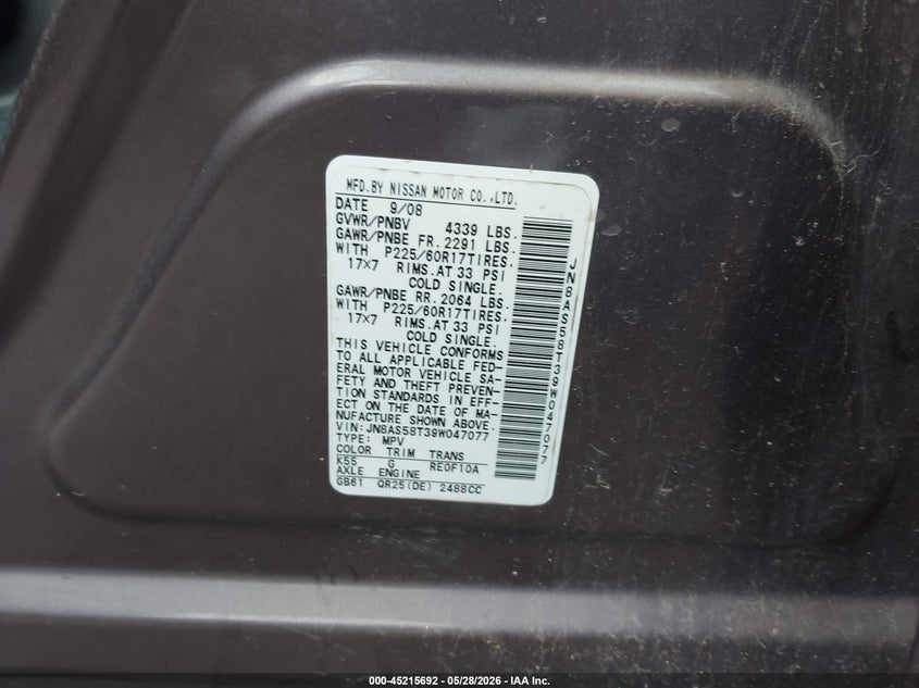 2009 Nissan Rogue VIN JN8AS58T39W047077 IAAI salvage auction — REAR END, Clear (Oklahoma), sold $400 on 2026-07-29 (photo 9)