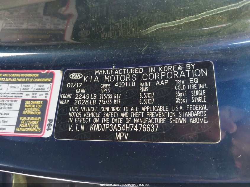 2017 Kia Soul VIN KNDJP3A54H7476637 IAAI salvage auction — FRONT & REAR, Salvage Title, sold $525 on 2026-07-27 (photo 9)