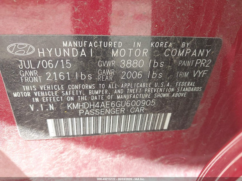 2016 Hyundai Elantra VIN KMHDH4AE6GU600905 IAAI salvage auction — NORMAL WEAR, Clear (Montana), sold $25 on 2026-07-28 (photo 9)
