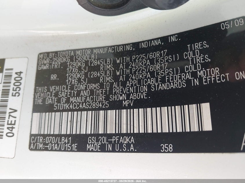 2010 Toyota Sienna VIN 5TDYK4CC4AS289425 IAAI salvage auction — NORMAL WEAR, Clear (Virginia), sold $925 on 2026-07-06 (photo 9)