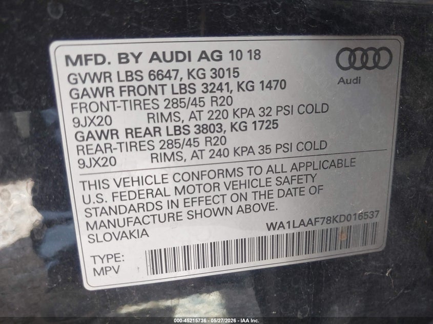 2019 Audi Q7 VIN WA1LAAF78KD016537 IAAI salvage auction — REAR END, Salvage Title, sold $8,975 on 2026-08-01 (photo 9)