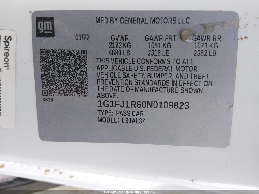 2022 Chevrolet Camaro VIN 1G1FJ1R60N0109823 IAAI salvage auction — LEFT FRONT, Salvage Title, sold $20,600 on 2026-07-30 (photo 9)