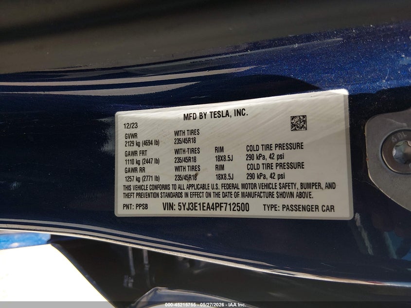 2023 Tesla Model 3 VIN 5YJ3E1EA4PF712500 IAAI salvage auction — FRONT END, Salvage Title, sold $50 on 2026-07-30 (photo 9)