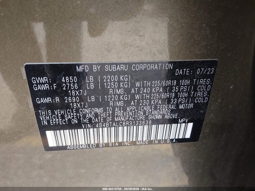 2024 Subaru Outback VIN 4S4BTALC8R3133639 IAAI salvage auction — MECHANICAL, Salvage Title, sold $4,650 on 2026-07-25 (photo 9)
