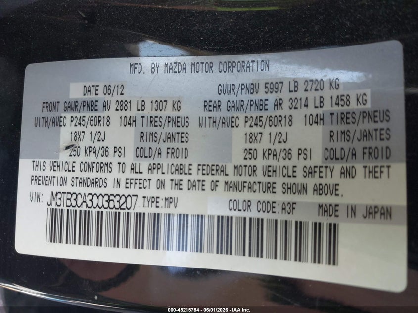 2012 Mazda Cx-9 VIN JM3TB3CA3C0363207 IAAI salvage auction — NORMAL WEAR, Clear-Dealer Only (Utah), sold $175 on 2026-07-17 (photo 9)