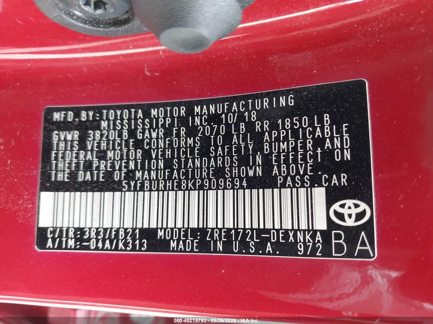 2019 Toyota Corolla VIN 5YFBURHE8KP909694 IAAI salvage auction — FRONT END, Salvage Title, sold $2,550 on 2026-07-13 (photo 9)