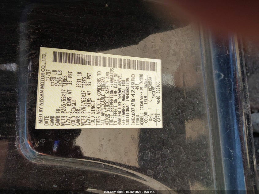 2008 Nissan Frontier VIN 1N6AD07U78C424980 IAAI salvage auction — REAR END, Clear (Arizona), sold $4,675 on 2026-07-09 (photo 9)