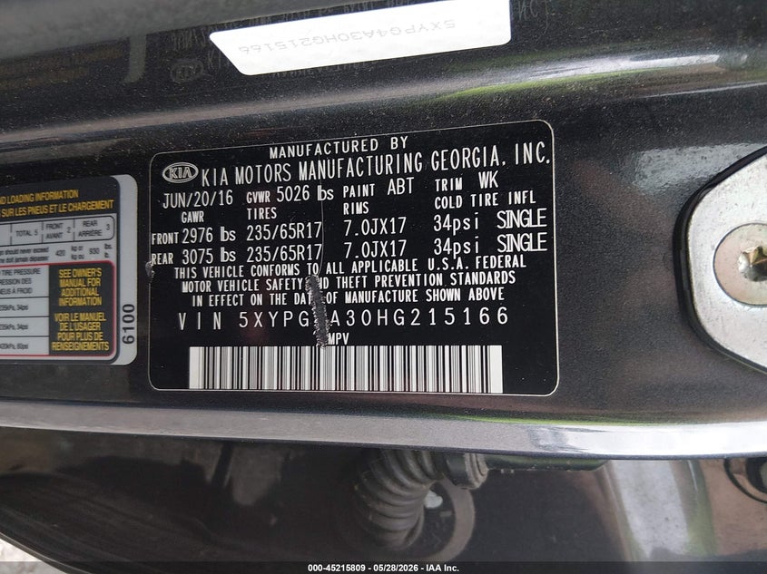 2017 Kia Sorento VIN 5XYPG4A30HG215166 IAAI salvage auction — HAIL, Clear (Missouri), sold $1,700 on 2026-07-20 (photo 9)