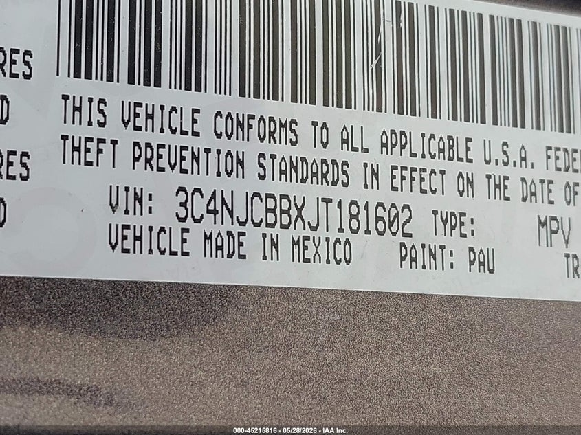 2018 Jeep Compass VIN 3C4NJCBBXJT181602 IAAI salvage auction — HAIL, Salvage Title, sold $3,625 on 2026-07-28 (photo 9)