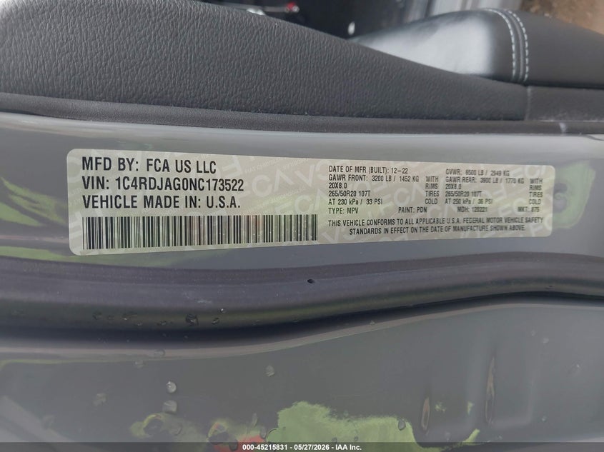 2022 Dodge Durango VIN 1C4RDJAG0NC173522 IAAI salvage auction — FRONT END, Salvage Title, sold $8,000 on 2026-08-02 (photo 9)