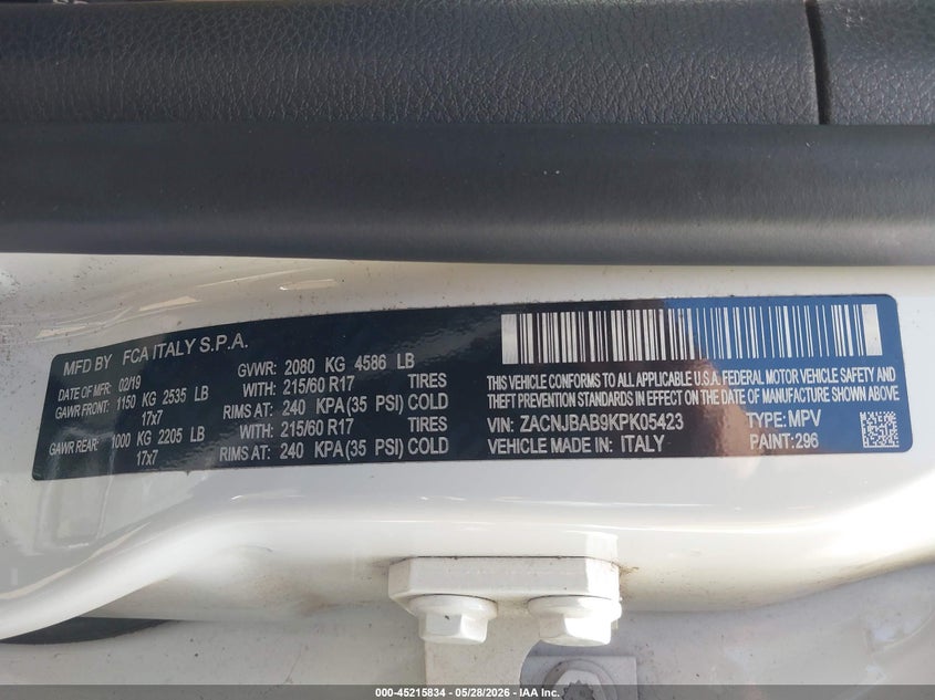 2019 Jeep Renegade VIN ZACNJBAB9KPK05423 IAAI salvage auction — FRONT END, Salvage Title, sold $2,150 on 2026-08-21 (photo 9)