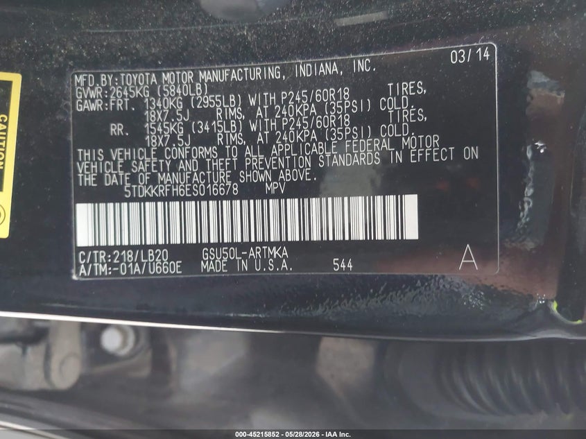 2014 Toyota Highlander VIN 5TDKKRFH6ES016678 IAAI salvage auction — HAIL, Salvage Title, sold $6,650 on 2026-07-20 (photo 9)