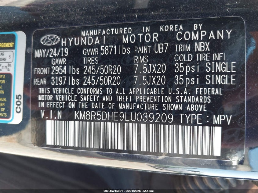 2020 Hyundai Palisade VIN KM8R5DHE9LU039209 IAAI salvage auction — HAIL, Clear (Missouri), sold $7,750 on 2026-07-30 (photo 9)