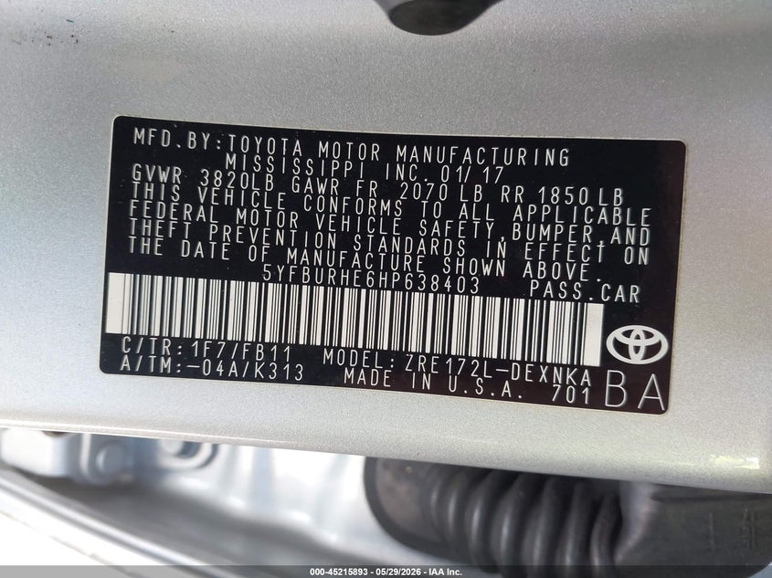 2017 Toyota Corolla VIN 5YFBURHE6HP638403 IAAI salvage auction — LEFT SIDE, Original (Texas), sold $4,250 on 2026-07-07 (photo 9)
