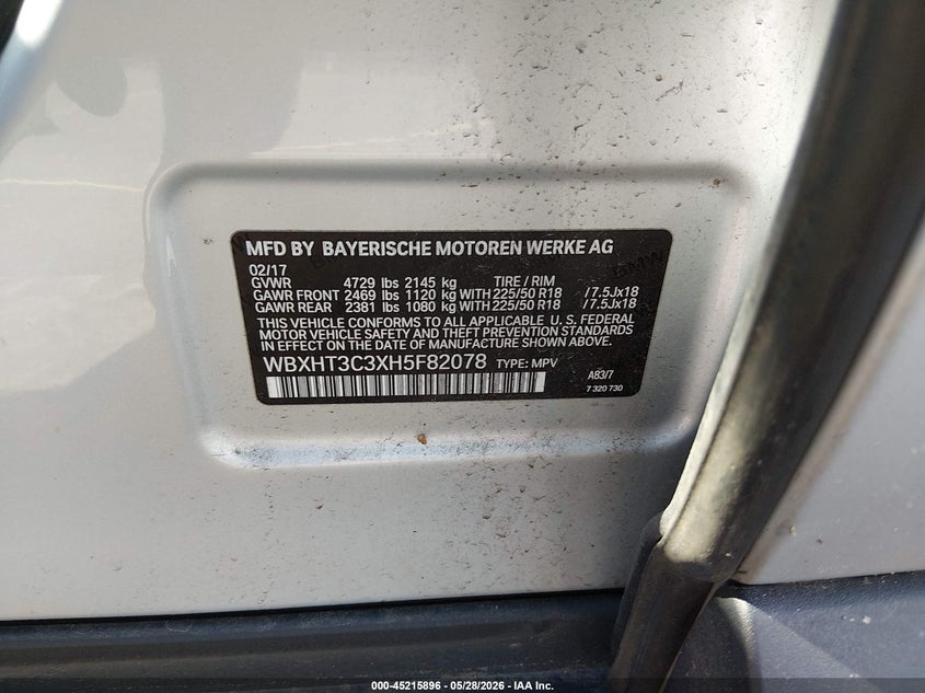 2017 BMW X1 VIN WBXHT3C3XH5F82078 IAAI salvage auction — NORMAL WEAR, Salvage Title, sold $2,250 on 2026-07-16 (photo 9)