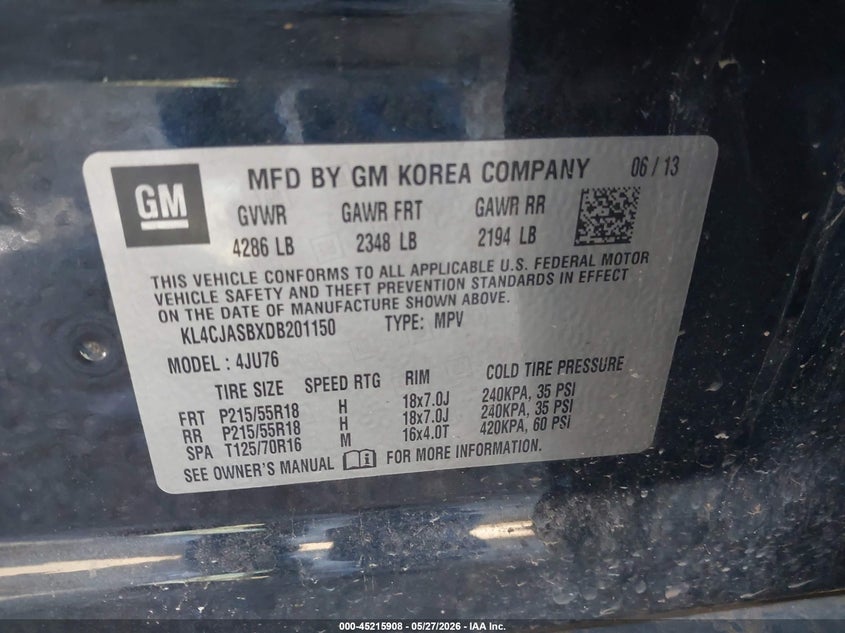 2013 Buick Encore VIN KL4CJASBXDB201150 IAAI salvage auction — FRONT END, Salvage Title, sold $775 on 2026-07-21 (photo 9)