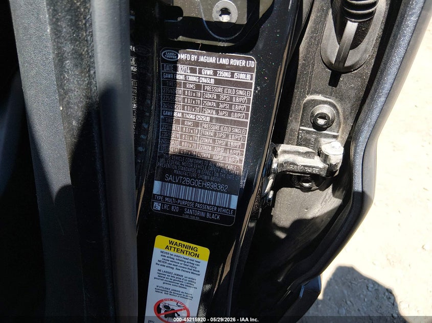 2014 Land rover Range rover evoque VIN SALVT2BG0EH898362 IAAI salvage auction — FRONT END, Salvage Title, sold $2,550 on 2026-07-29 (photo 9)