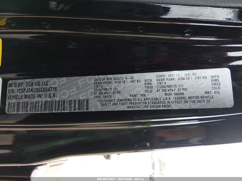 2025 Jeep Gladiator VIN 1C6PJTAG9SL534776 IAAI salvage auction — SIDE, Salvage Title, sold $15,100 on 2026-07-09 (photo 9)