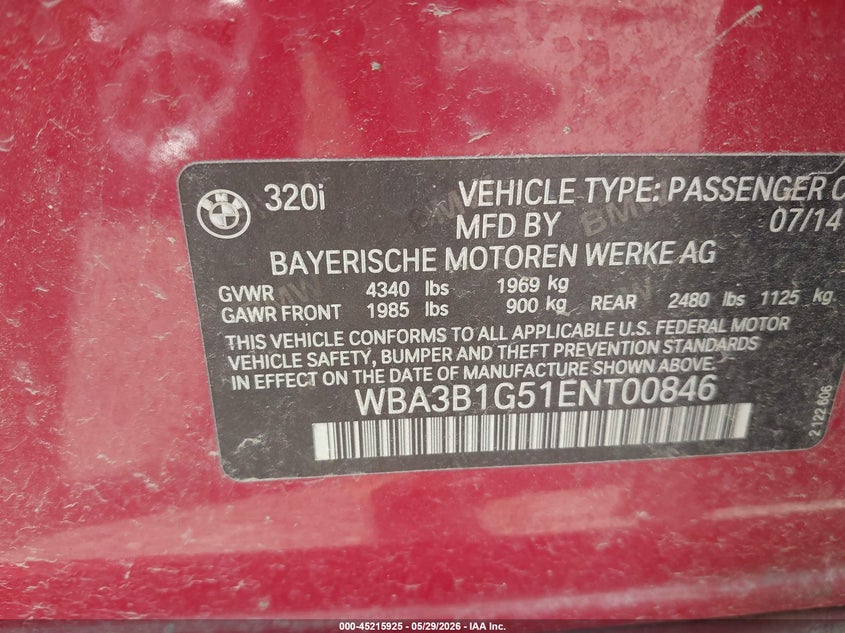 2014 BMW 3er VIN WBA3B1G51ENT00846 IAAI salvage auction — FRONT END, Original (Texas), sold $1,800 on 2026-07-27 (photo 9)