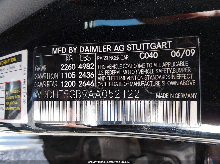 2010 Mercedes-benz E-class VIN WDDHF5GB9AA052122 IAAI salvage auction — NORMAL WEAR, Clear (Utah), sold $125 on 2026-07-24 (photo 9)