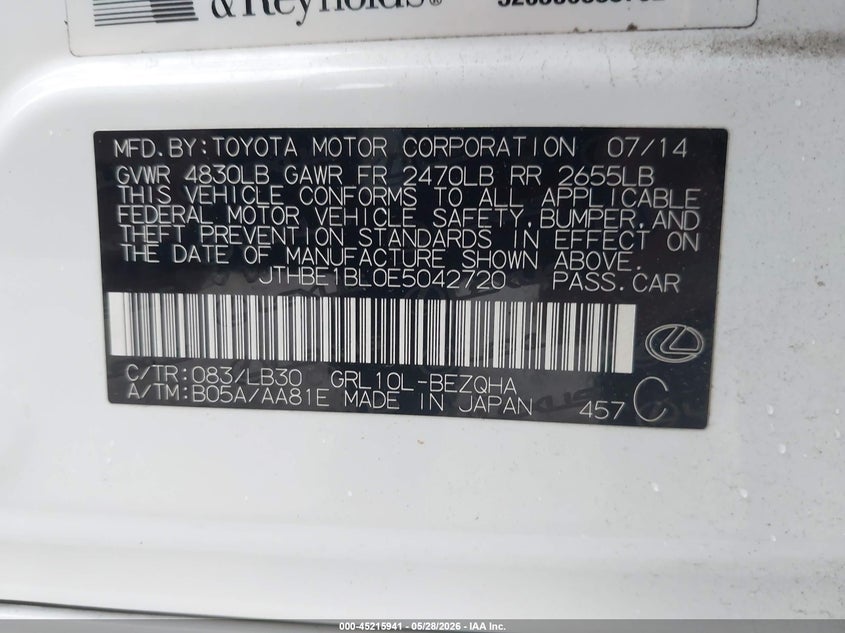 2014 Lexus Gs VIN JTHBE1BL0E5042720 IAAI salvage auction — REAR END, Salvage (Missouri), sold $4,650 on 2026-07-20 (photo 9)