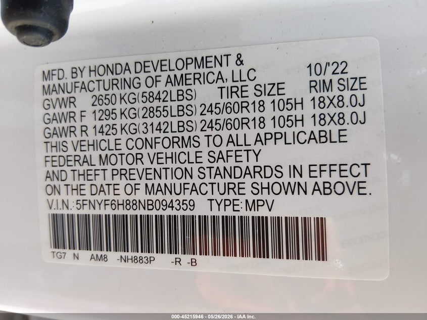 2022 Honda Pilot VIN 5FNYF6H88NB094359 IAAI salvage auction — SIDE, Salvage Title, sold $12,400 on 2026-08-15 (photo 9)