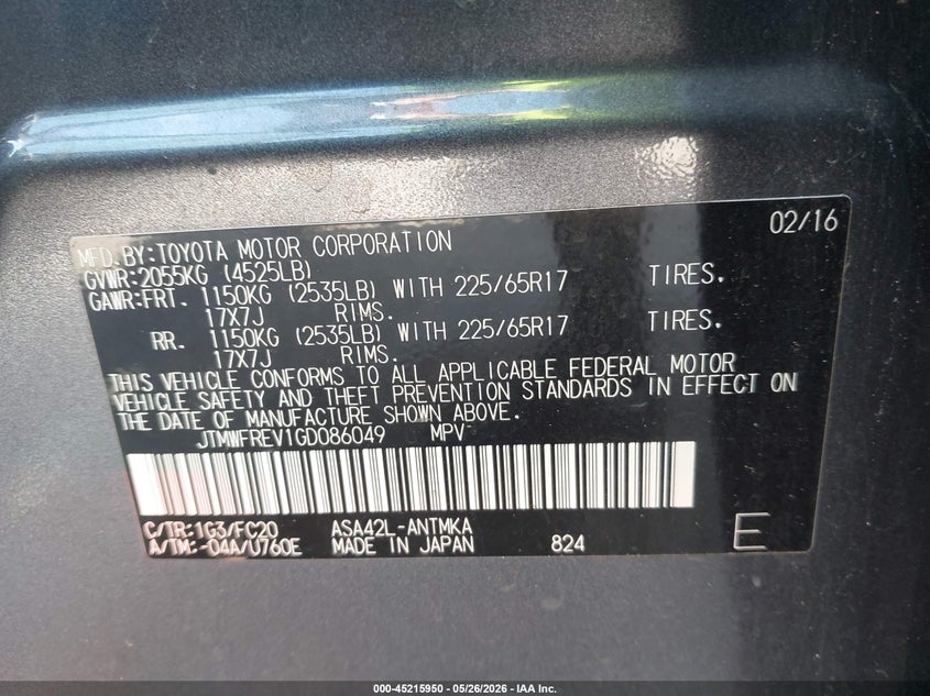 2016 Toyota Rav 4 VIN JTMWFREV1GD086049 IAAI salvage auction — FRONT & REAR, Salvage Title, sold $2,750 on 2026-07-14 (photo 9)