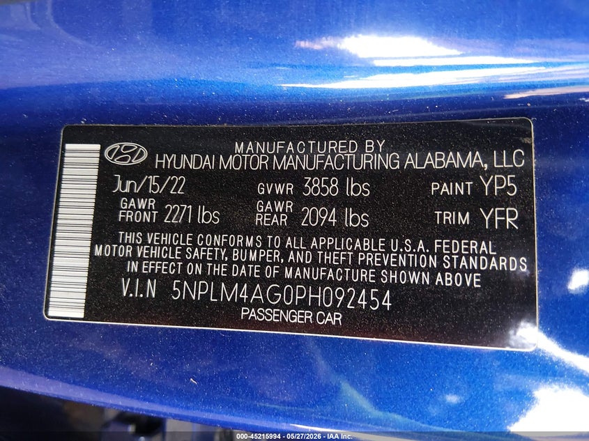 2023 Hyundai Elantra VIN 5NPLM4AG0PH092454 IAAI salvage auction — FRONT END, Salvage Title, sold $2,800 on 2026-07-21 (photo 9)