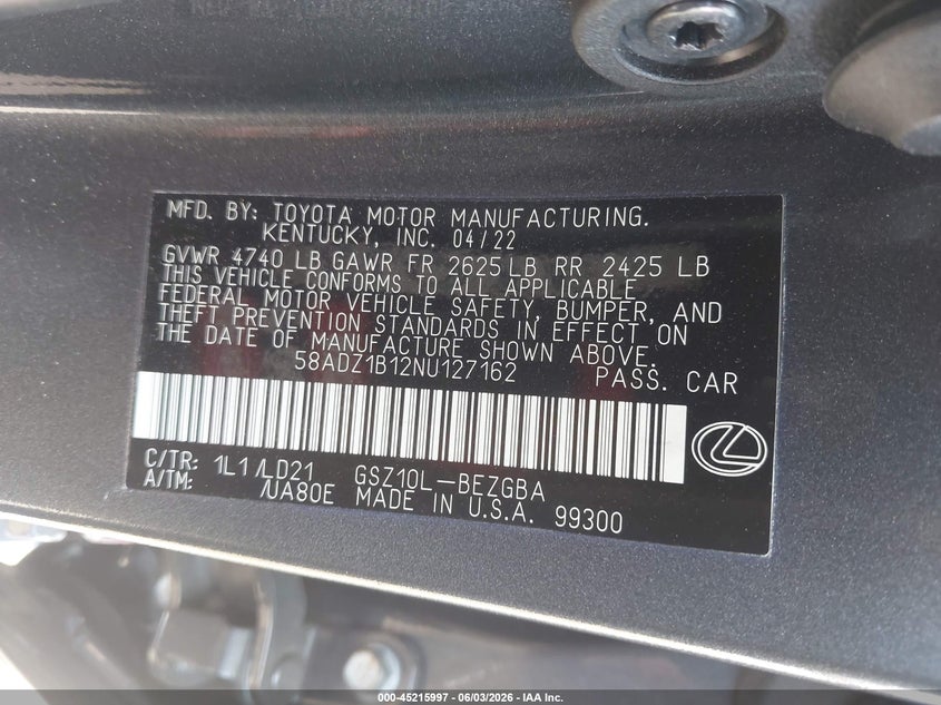 2022 Lexus ES VIN 58ADZ1B12NU127162 IAAI salvage auction — LEFT SIDE, Salvage (California), sold $15,950 on 2026-07-29 (photo 9)