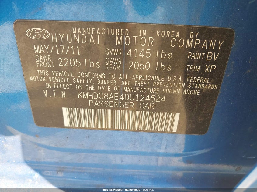 2011 Hyundai Elantra VIN KMHDC8AE4BU124524 IAAI salvage auction — LEFT SIDE, Salvage (New Jersey), sold $25 on 2026-07-28 (photo 9)