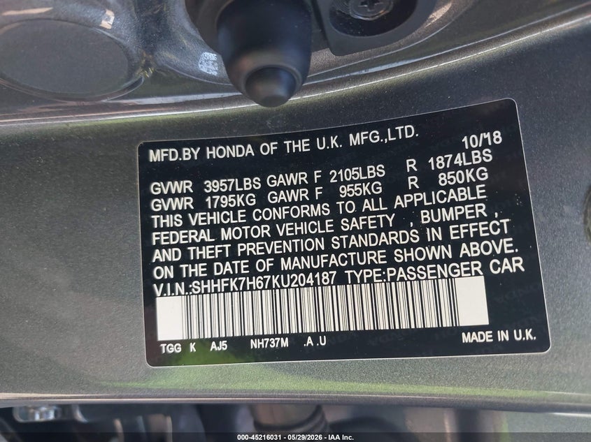 2019 Honda Civic VIN SHHFK7H67KU204187 IAAI salvage auction — RIGHT SIDE, Salvage Title, sold $4,500 on 2026-07-14 (photo 9)