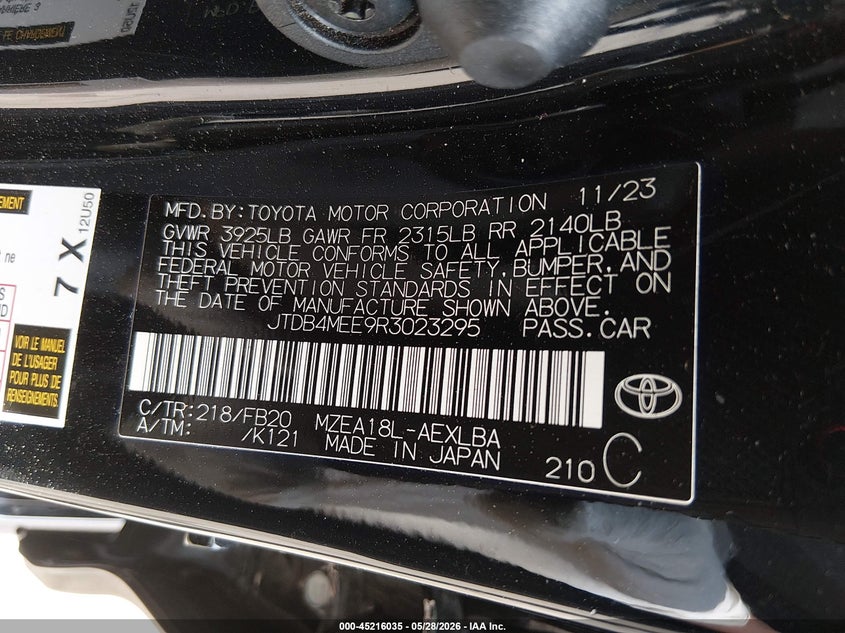 2024 Toyota Corolla VIN JTDB4MEE9R3023295 IAAI salvage auction — FRONT END, Salvage Title, sold $3,450 on 2026-07-23 (photo 9)