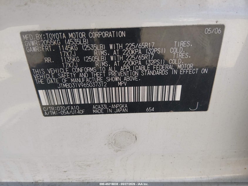 2006 Toyota Rav4 VIN JTMBD31V965037312 IAAI salvage auction — REAR END, Salvage (New Hampshire), sold $25 on 2026-07-29 (photo 9)