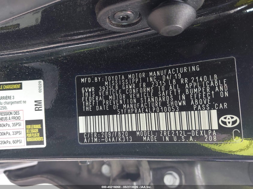 2020 Toyota Corolla VIN 5YFHPRAE4LP010053 IAAI salvage auction — REAR END, Salvage Title, sold $6,650 on 2026-07-29 (photo 9)