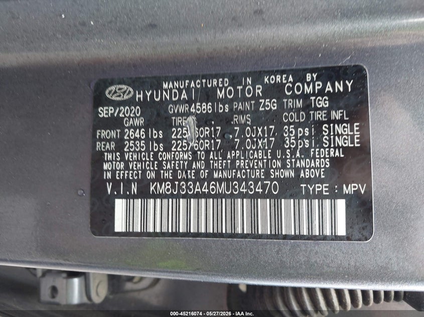 2021 Hyundai Tucson VIN KM8J33A46MU343470 IAAI salvage auction — REAR END, Salvage Title, sold $4,550 on 2026-07-15 (photo 9)