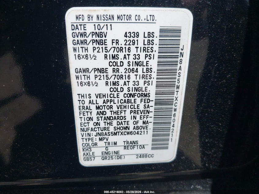 2012 Nissan Rogue VIN JN8AS5MTXCW604211 IAAI salvage auction — FRONT END, Salvage Title, sold $525 on 2026-07-08 (photo 9)