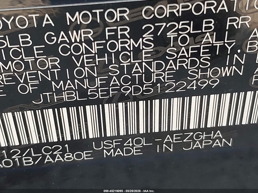 2013 Lexus Ls VIN JTHBL5EF9D5122499 IAAI salvage auction — HAIL, Original (Texas), sold $8,350 on 2026-07-10 (photo 9)