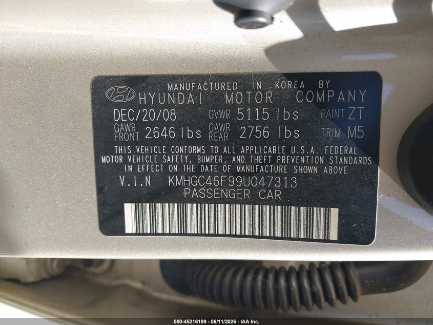 2009 Hyundai Genesis VIN KMHGC46F99U047313 IAAI salvage auction — RIGHT SIDE, Clear (Florida), sold $325 on 2026-07-08 (photo 9)