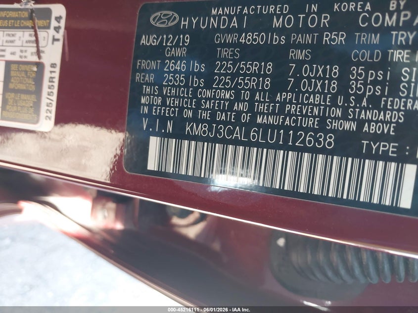 2020 Hyundai Tucson VIN KM8J3CAL6LU112638 IAAI salvage auction — FRONT END, Clear (Michigan), sold $2,250 on 2026-07-09 (photo 9)