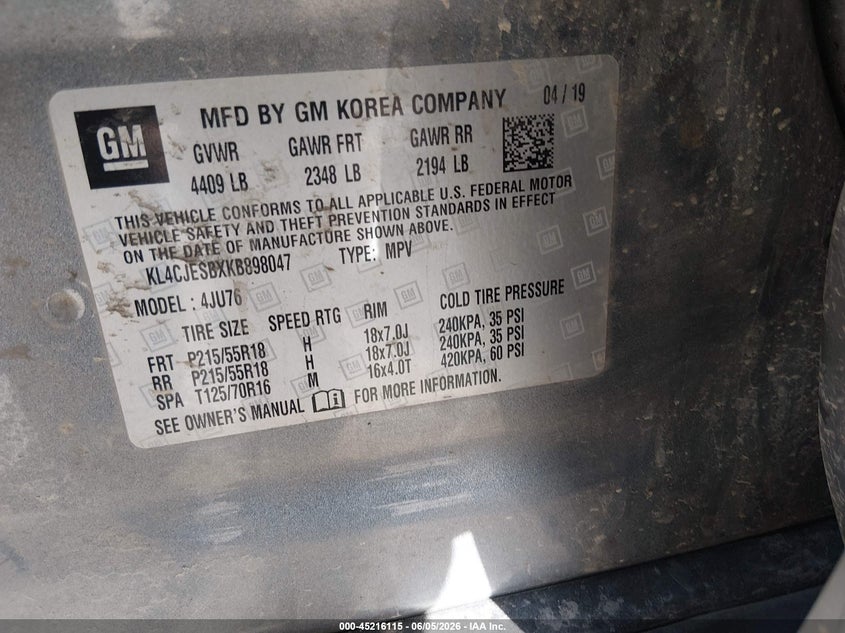 2019 Buick Encore VIN KL4CJESBXKB898047 IAAI salvage auction — RIGHT FRONT, Salvage (Maine), sold $525 on 2026-07-27 (photo 9)