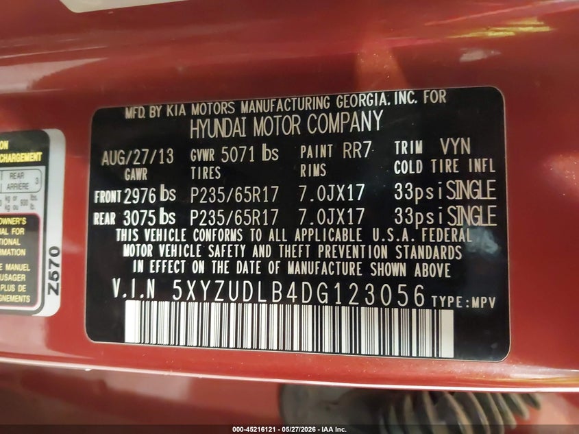 2013 Hyundai Santa fe VIN 5XYZUDLB4DG123056 IAAI salvage auction — RIGHT FRONT, Salvage (Colorado), sold $1,150 on 2026-08-22 (photo 9)