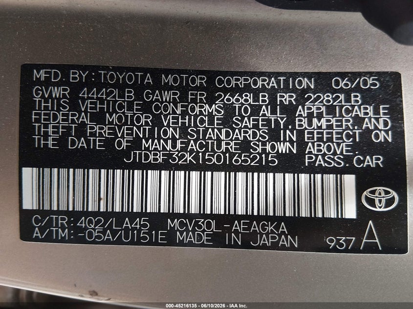 2005 Toyota Camry VIN JTDBF32K150165215 IAAI salvage auction — FRONT END, Salvage (Kansas), sold $425 on 2026-07-24 (photo 9)