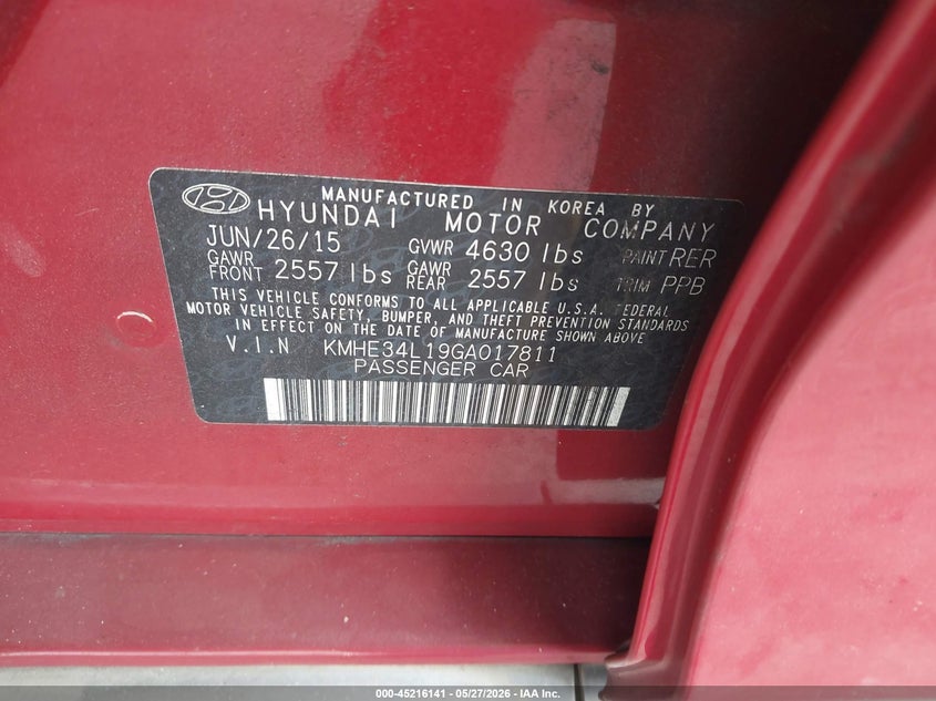2016 Hyundai Sonata VIN KMHE34L19GA017811 IAAI salvage auction — FRONT END, Salvage Title, sold $1,250 on 2026-07-15 (photo 9)