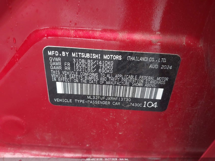 2024 Mitsubishi Mirage VIN ML32FUFJXRHF13730 IAAI salvage auction — REAR END, Salvage Title, sold $1,950 on 2026-07-16 (photo 9)