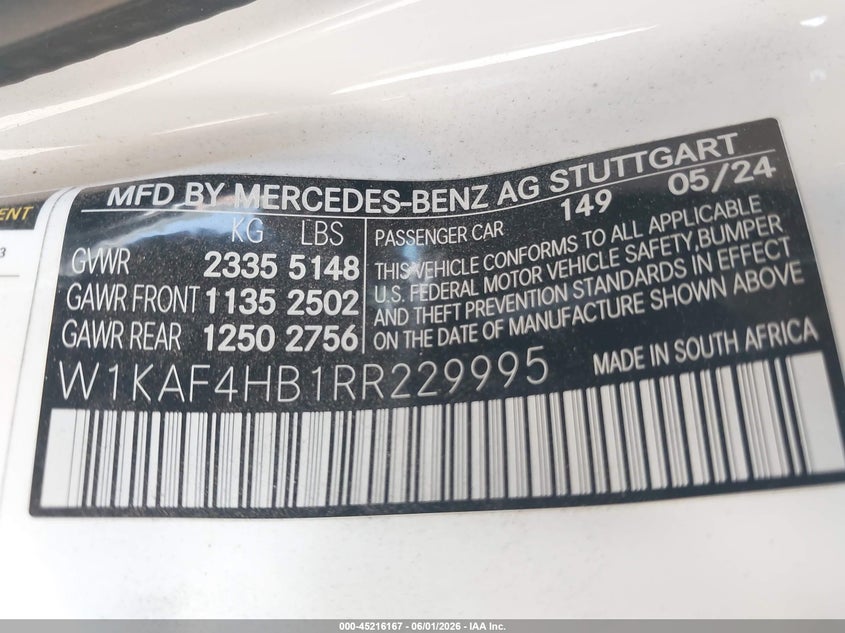 2024 Mercedes-benz C-klasse VIN W1KAF4HB1RR229995 IAAI salvage auction — FRONT END, Salvage Title, sold $7,200 on 2026-07-22 (photo 9)