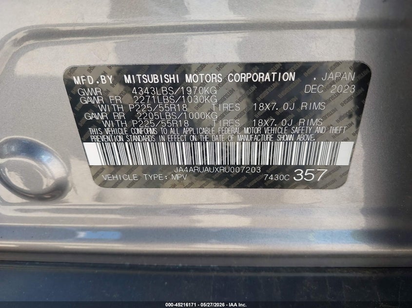 2024 Mitsubishi Outlander VIN JA4ARUAUXRU007203 IAAI salvage auction — FRONT END, Salvage Title, sold $3,075 on 2026-07-08 (photo 9)